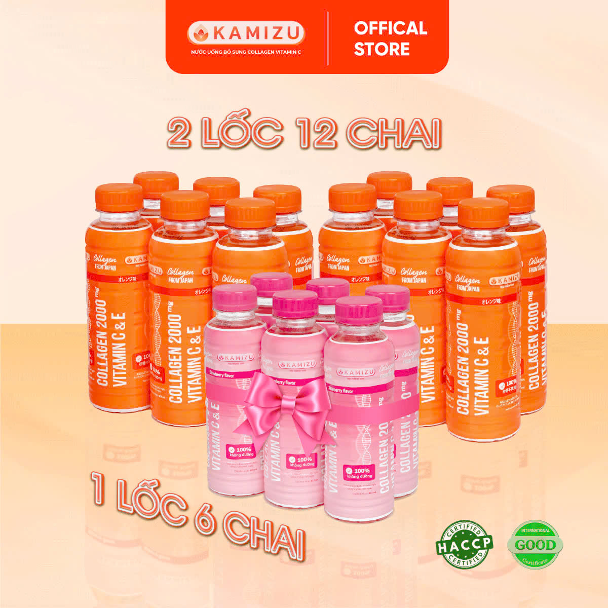 MUA 2 LỐC CAM TẶNG 1 LỐC DÂU THANH MÁT Kamizu Nước uống bổ sung Collagen Vitamin C &amp; E hương cam