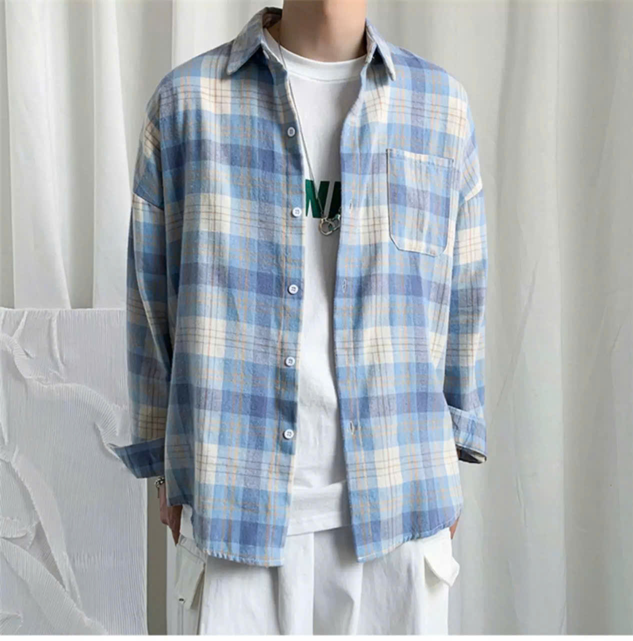 Áo sơ mi nam form rộng 2N Unisex somi khoác ngoài sọc xanh số 4