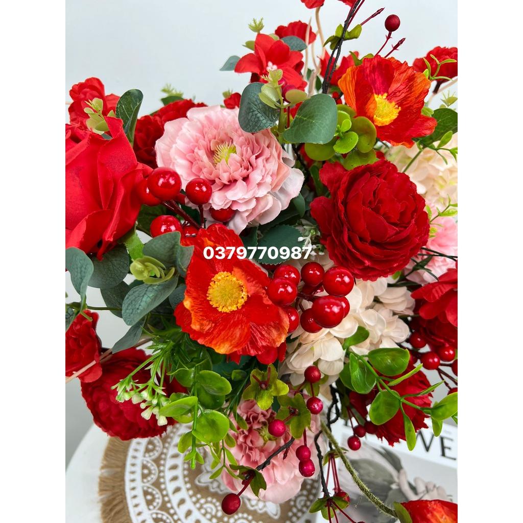 Bình hoa tone đỏ-Hoa lụa cao cấp-Decor nhà xinh