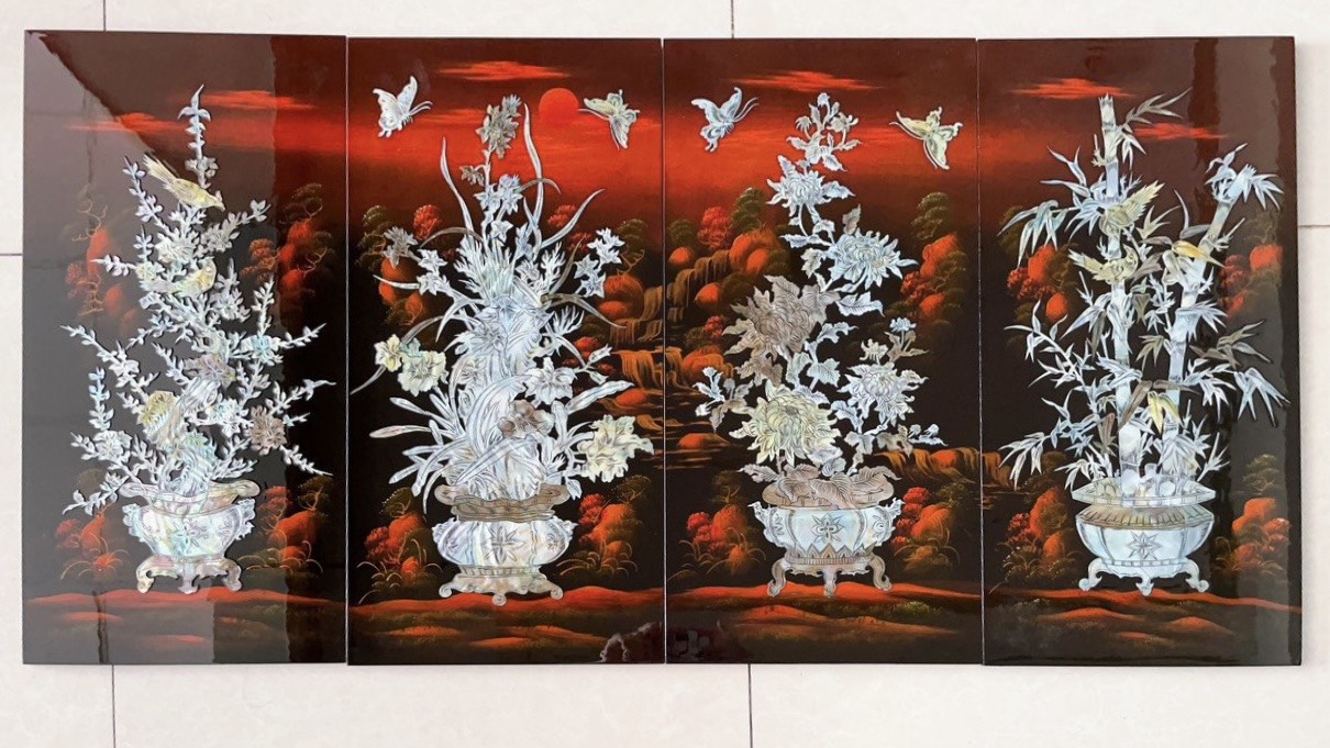 Tranh sơn mài 4 mùa Mai Lan Cúc Trúc cẩn ốc nổi size 60x120 cm