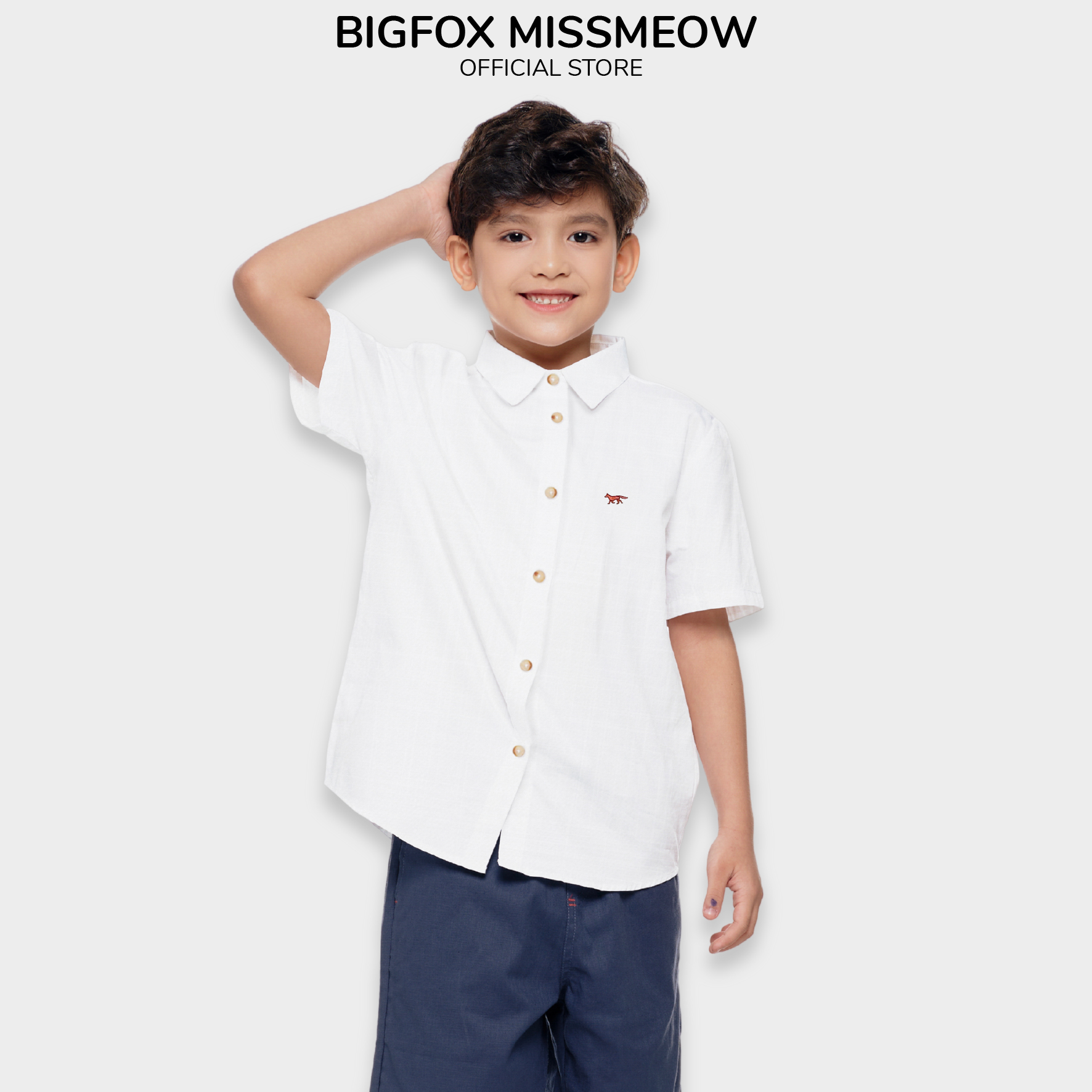 Áo sơ mi trắng cho bé trai Bigfox Miss Meow mặc đi chơi vải linen size đại trẻ em 5-15 tuổi 30kg 50kg