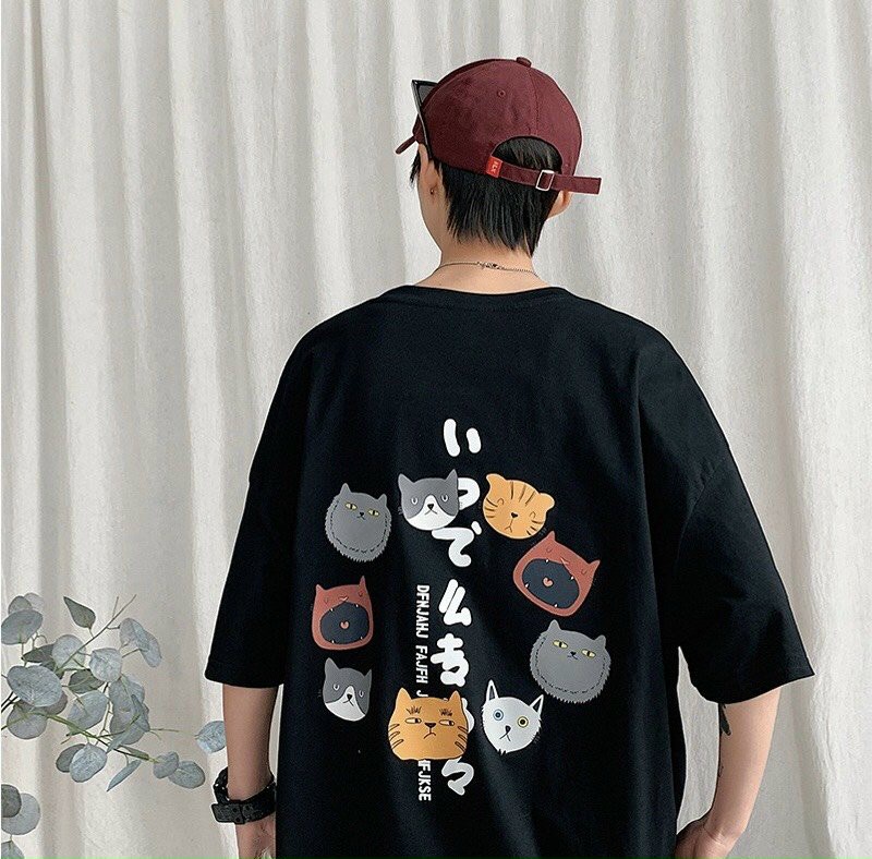 Áo Phông Nam Nữ Form Rộng Tay Lỡ Vải Cotton Mịn Mát - Mèo Nhật
