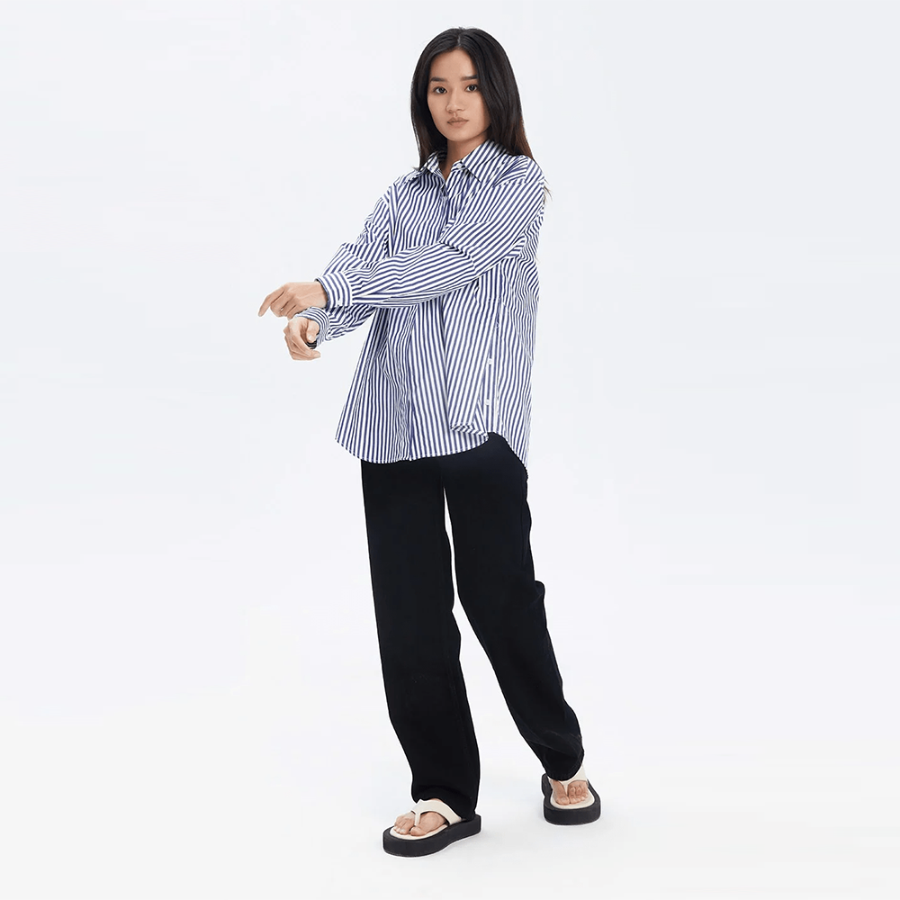 TheBlueTshirt - Áo Sơ Mi Nữ Phom Rộng Sọc Xanh Dương Đậm - Office Life Oversized Pocket Shirt - Bold Stripe