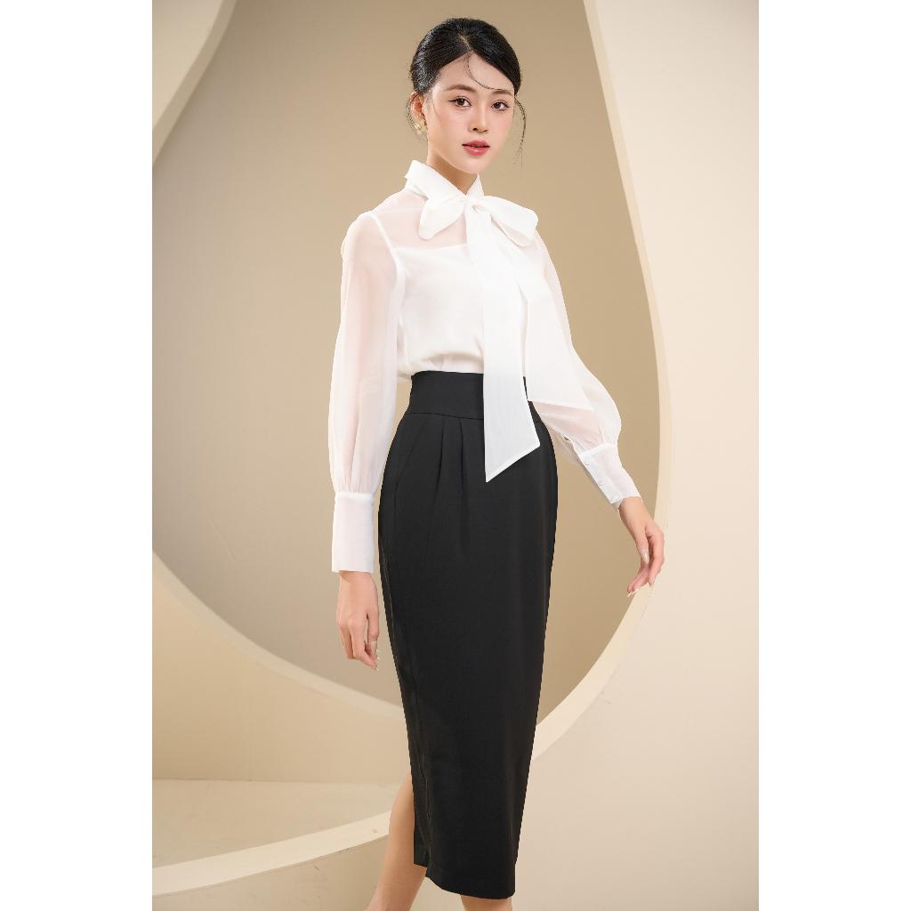 SHEAZ Áo Sơ mi tơ trắng dáng bay cổ nơ