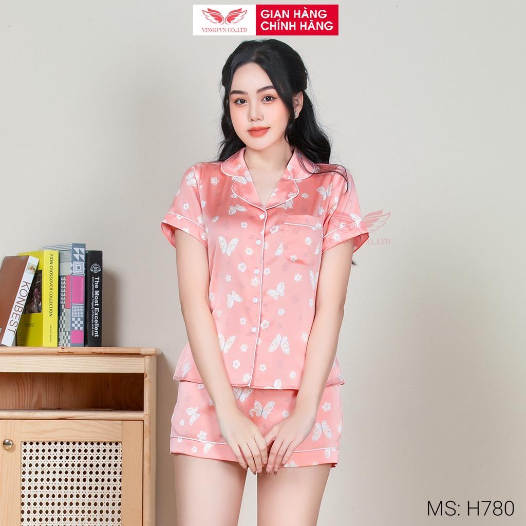 Đồ bộ nữ mặc nhà Pijama VINGO lụa Gấm mềm tay ngắn quần cộc họa tiết bướm trắng và hoa mặc mùa Hè thoải mái H780 VNGO