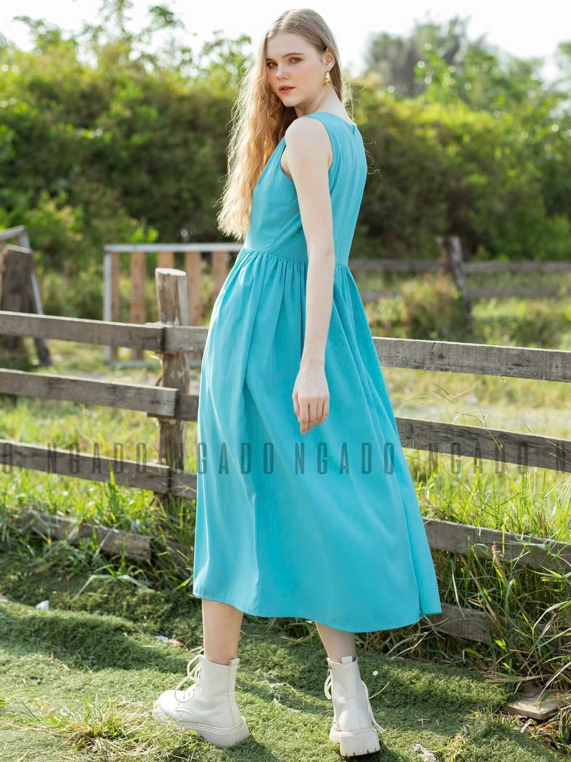 Đầm xanh babydoll sát nách NGADO , đầm nữ , đầm thời trang , váy đi biển