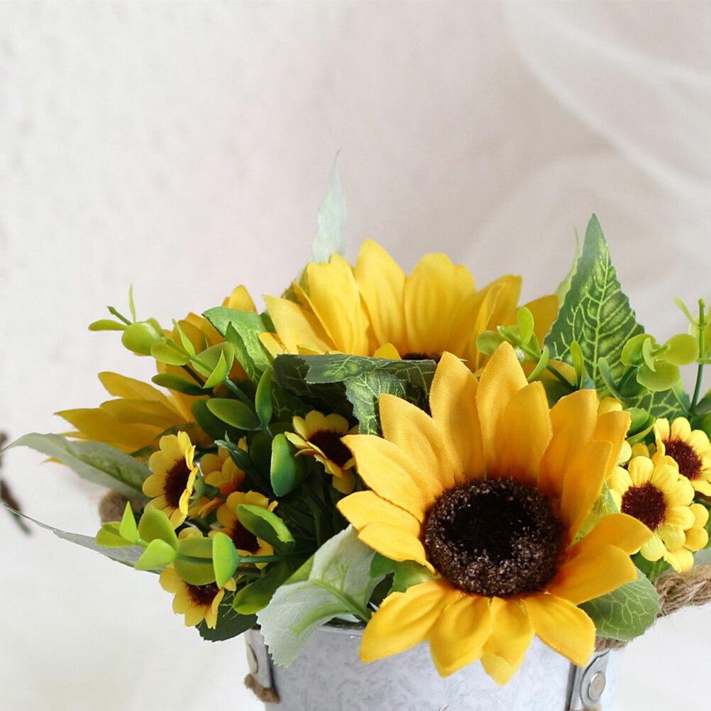 Artificial Sunflower Bouquet with Vase Plastic Simulation Yellow Flowers Metal Potted Bonsa for Home Office Party Wedding Decor