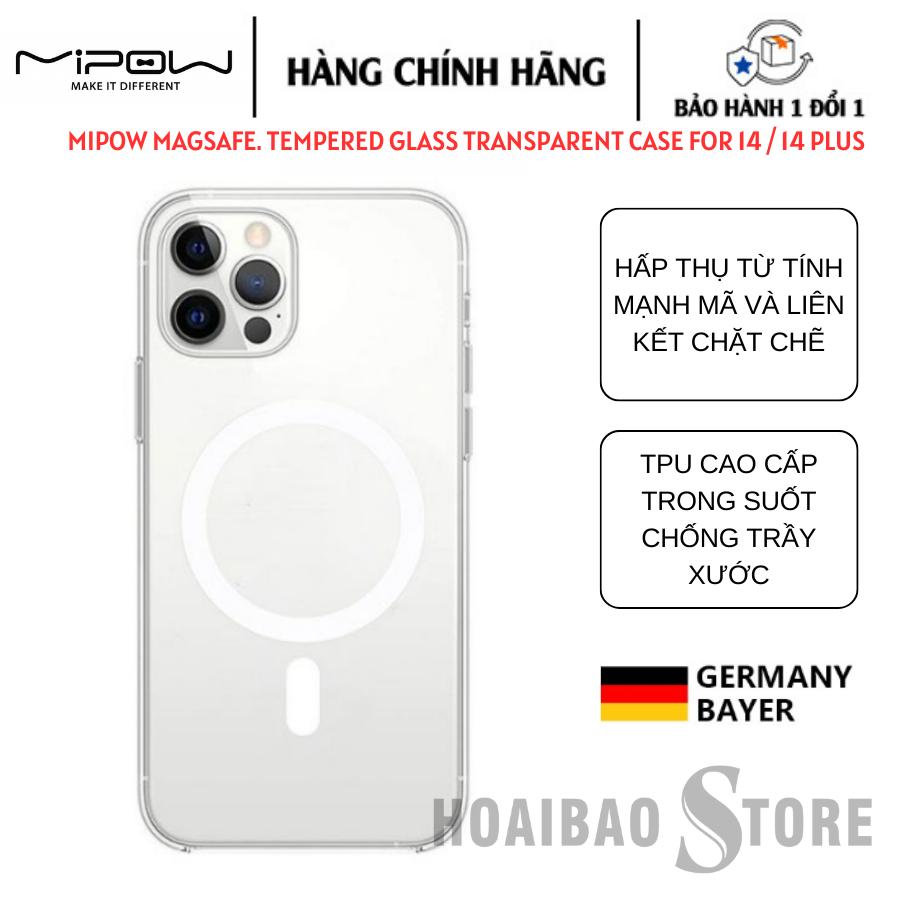 ỐP LƯNG SẠC TỪ TÍNH CHO IPHONE 14/13/ 14 PLUS MIPOW TEMPERED GLASS TRANSPARENT NGUYÊN LIỆU ĐỨC - Hàng Chính Hãng