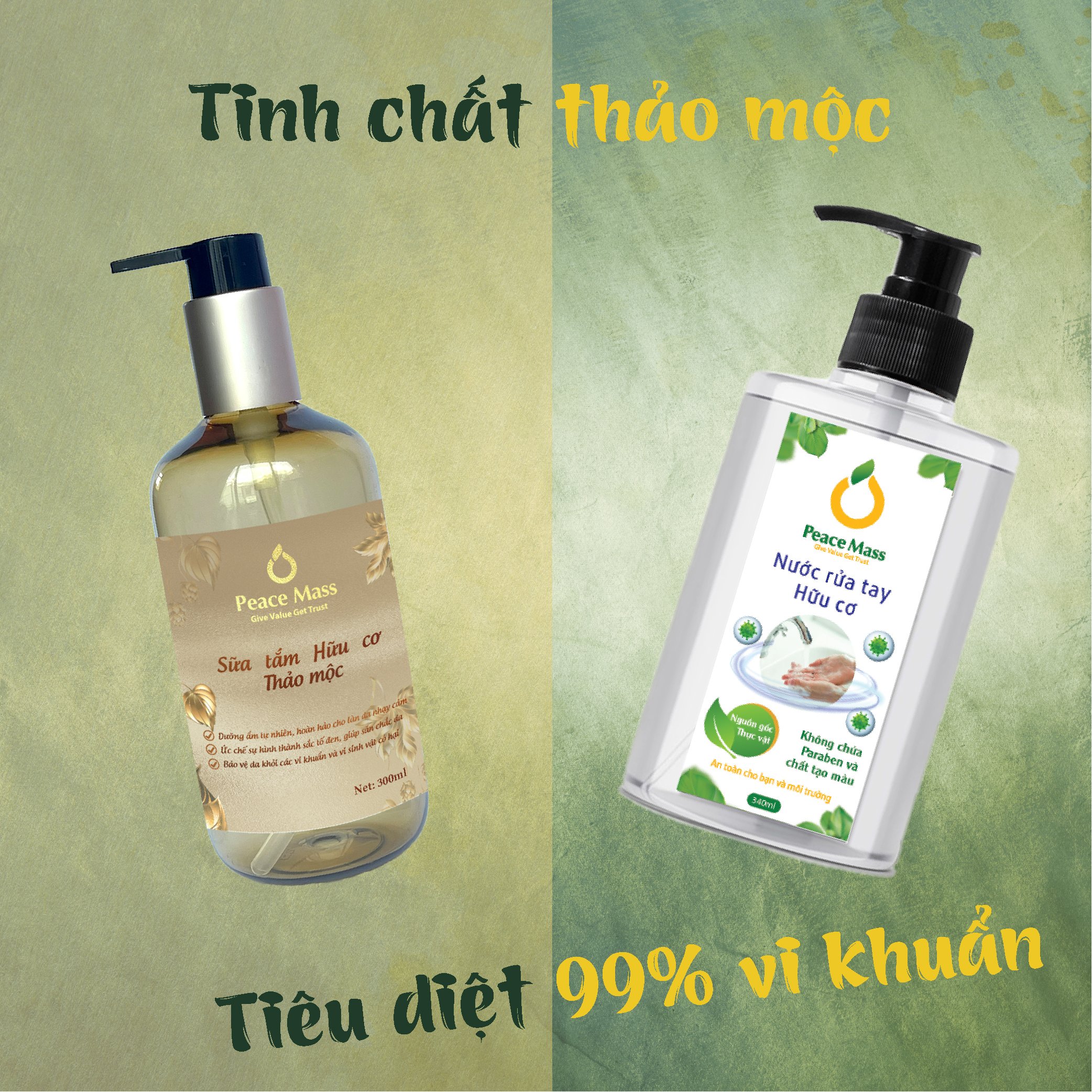 STC1 Combo Sản Phẩm Gốc Thực Vật Peace Mass - Sữa Tắm Thảo Mộc 300ml + Nước Rửa Tay 340ml  (Thuộc nhóm Sản phẩm Lành tính / Hữu cơ)