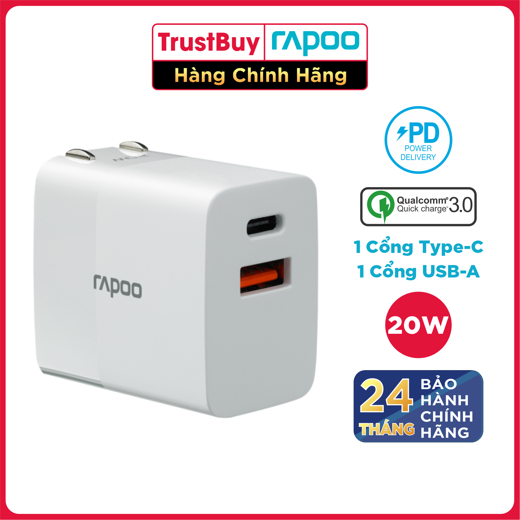 Adapter Củ Sạc 20W 1 Cổng Type C PD, 1 Cổng USB RAPOO PA20 - Hàng Chính Hãng