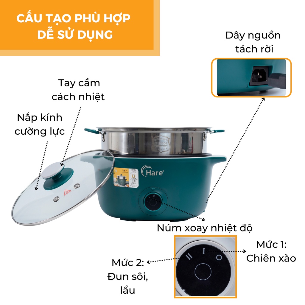 Nồi lẩu điện đa năng HR-MF3006 (3.0L) -hàng chính hãng thương hiệu Hare - bảo hành 12 tháng