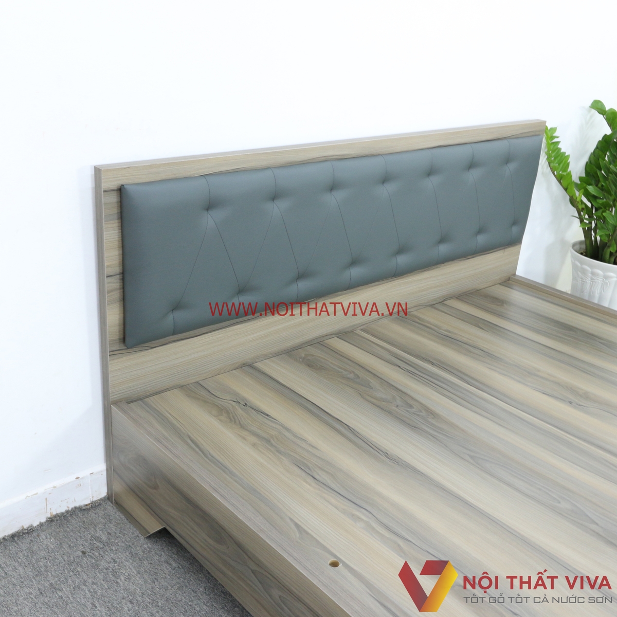 Giường Ngủ Gỗ MDF Phủ Melamine Bọc Nệm Xanh Đậm Chân Cao Màu Nết