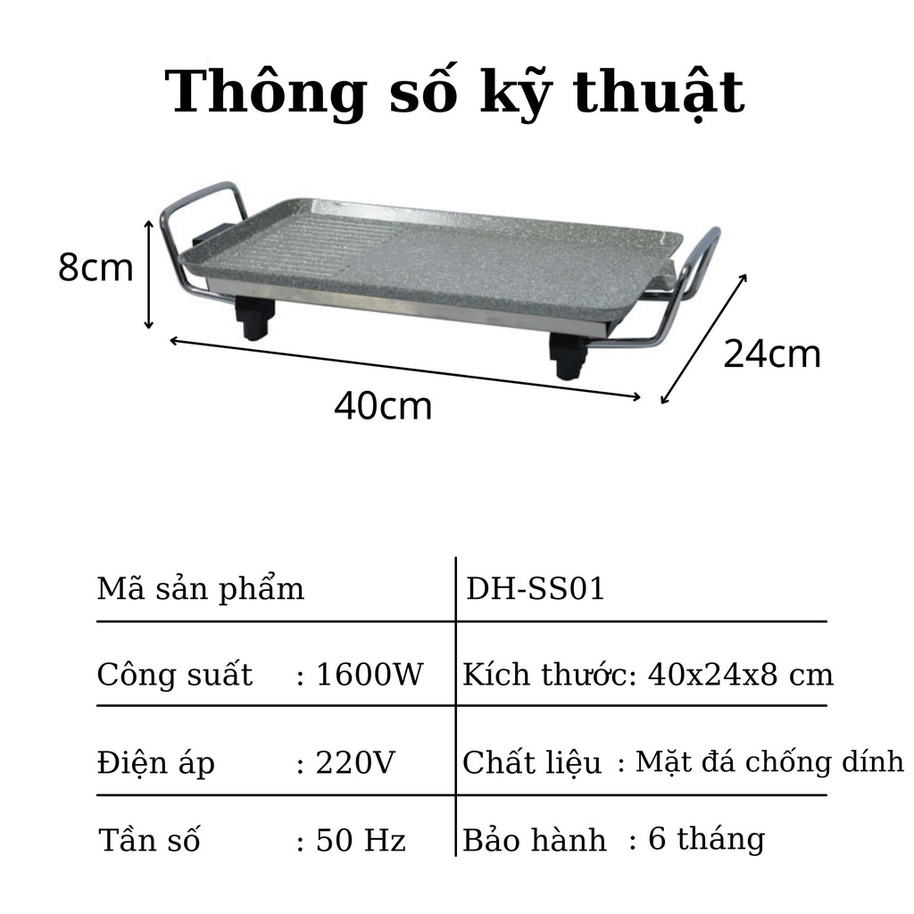 Bếp Nướng Điện Vân Đá Chống Dính Mini 40cm - Chảo Lẩu Nướng Công Suất 1600w Làm Nóng Nhanh- Hàng Chính Hãng MINIIN - Tặng chổi quét dầu silicon