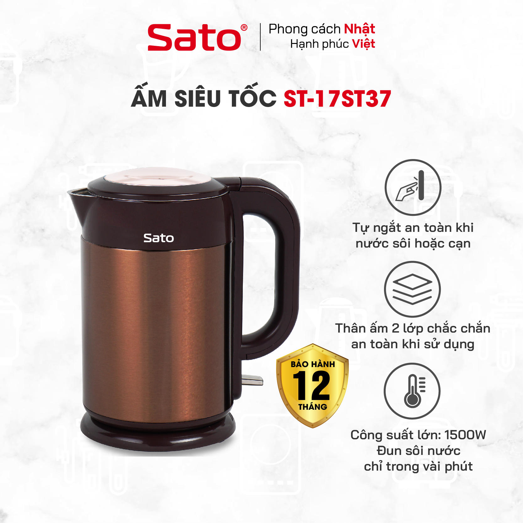 Ấm siêu tốc SATO 17ST37 1.8L - Ruột ấm  bằng inox cao cấp không gỉ, vỏ ngoài ấm bằng nhựa cao cấp cách nhiệt - Công suất 1500W đun sôi nước nhanh chóng - Miễn phí vận chuyển toàn quốc - Hàng chính hãng