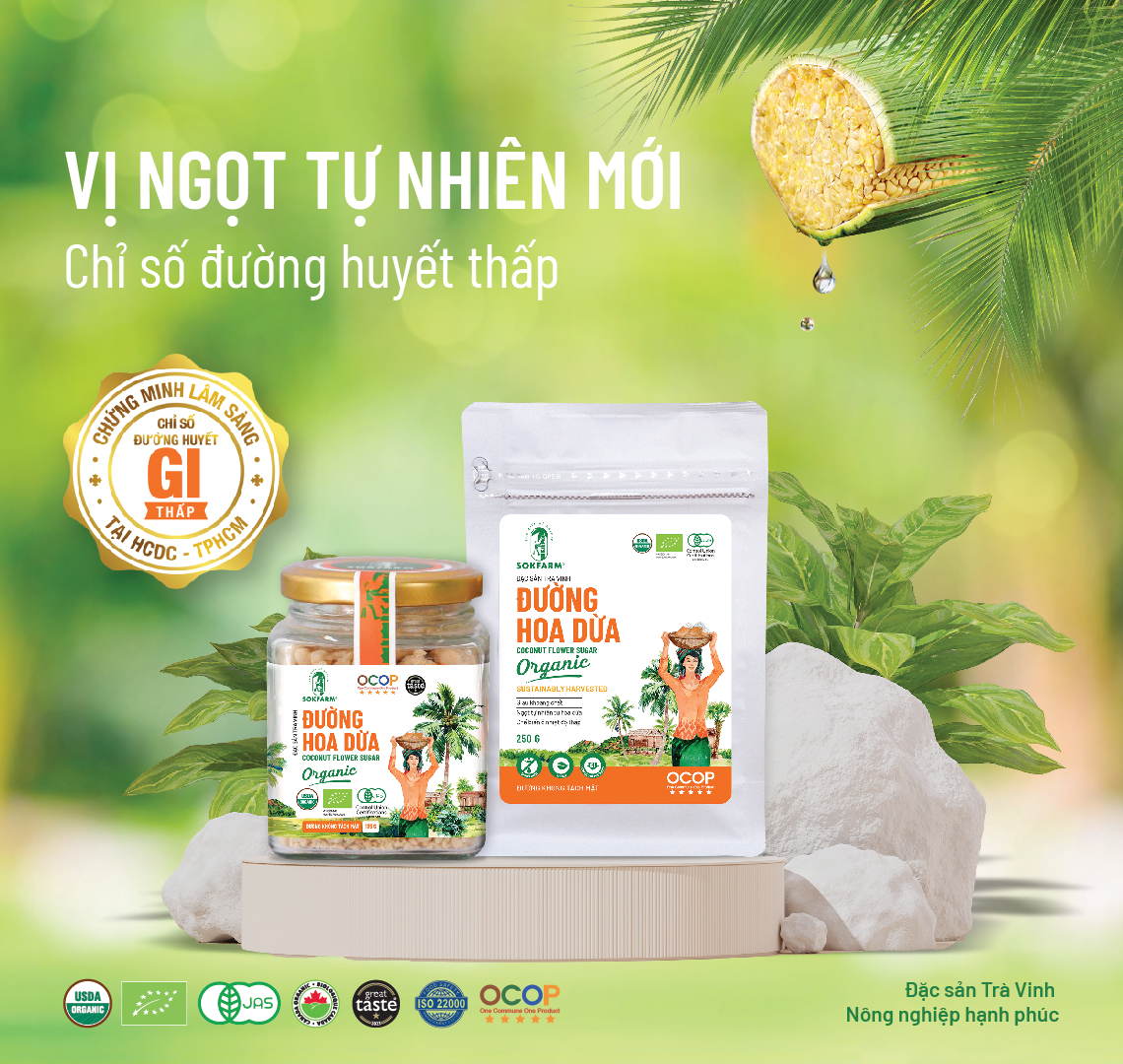 Đường hoa dừa Sokfarm - Chỉ số đường huyết thấp, dùng được cho người tiểu đường type 2, không tăng cân, không tăng đường huyết