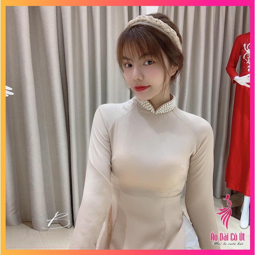 Áo dài nữ trơn truyền thống lụa tây thi cổ đính ngọc cách điệu phù hợp cưới hỏi lễ tết dự tiệc đẹp