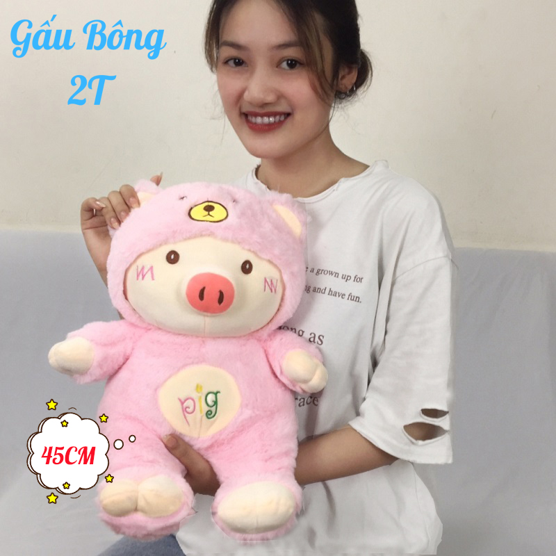 Gấu Bông Gối Ôm Pig Đội Mũ Hai Màu Cosplay 2T Vải Nhung Mềm Mịn Cao Cấp