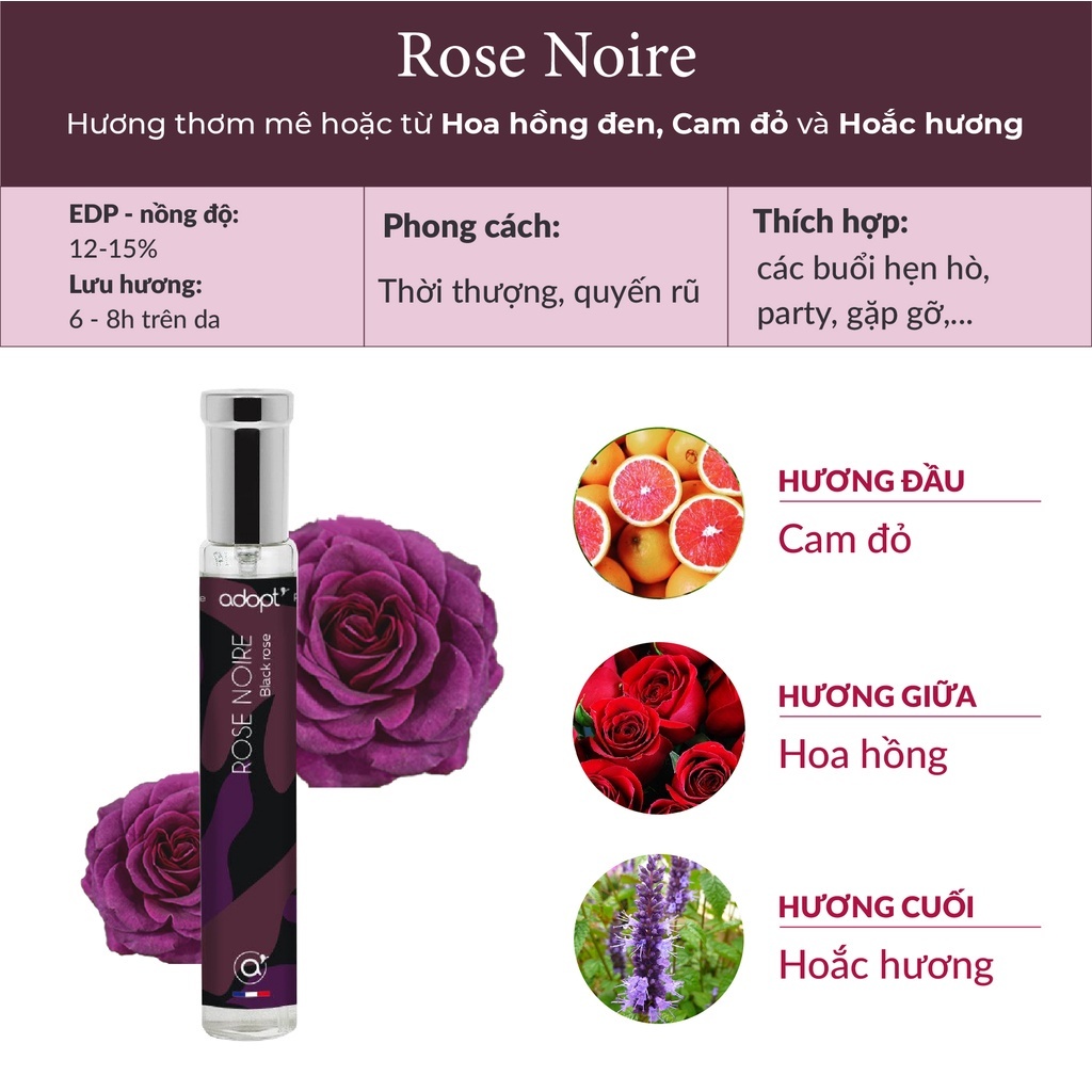 Nước hoa nữ thơm lâu chính hãng Adopt ROSE NOIRE 30ml, size bỏ túi tiện lợi, hương hoa Pháp chính hãng dịu nhẹ, thơm