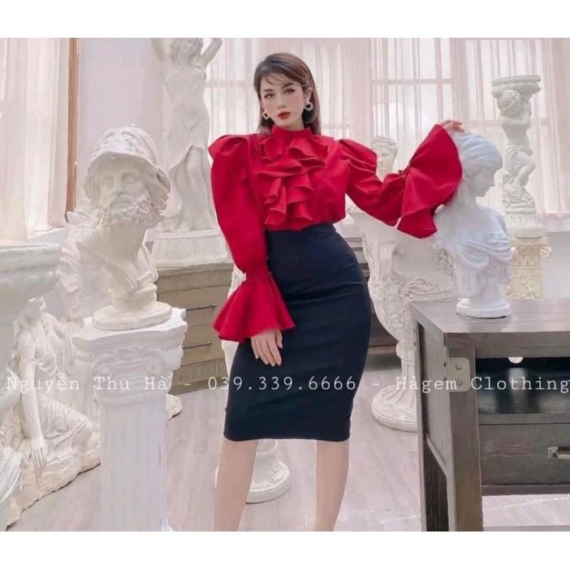 Sét áo tay dài ống loe cổ bèo phối chân váy ôm HÀNG THIẾT KẾ