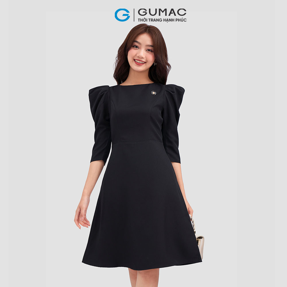 Đầm xòe GUMAC DC12008 cổ thuyền tay nhún sang trọng