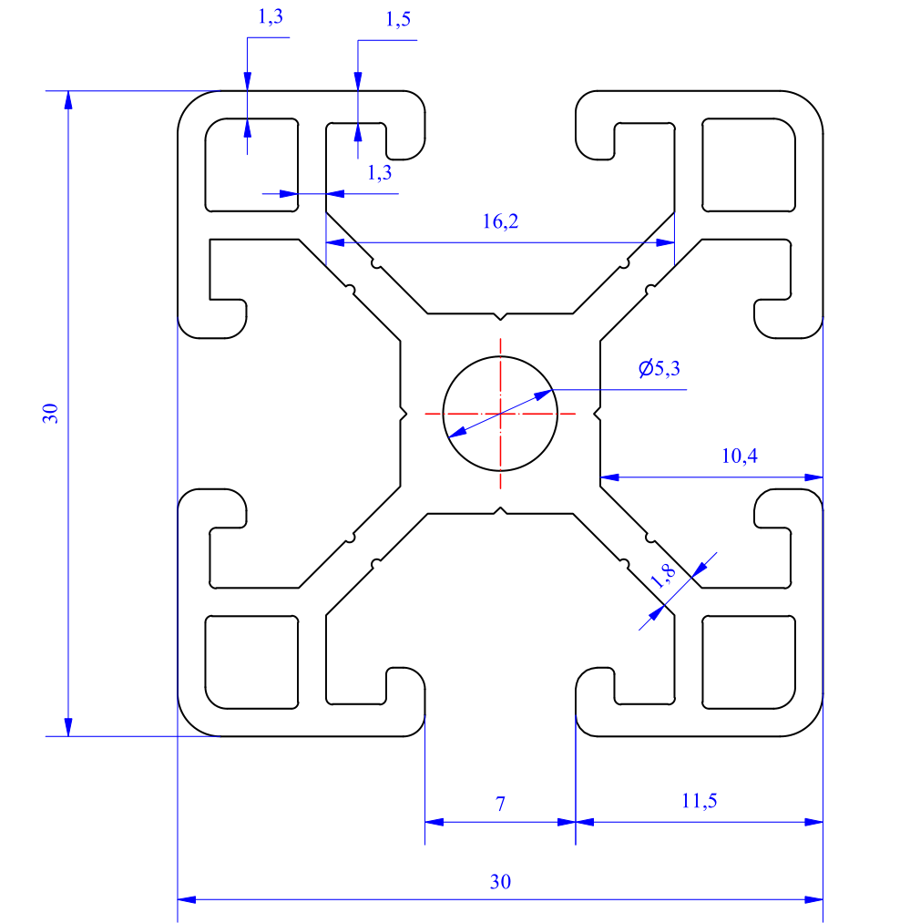 Nhôm định hình 30x30 (LWA-330471500) - Miễn phí cắt theo kích thước yêu cầu (Giá đã bao gồm VAT)