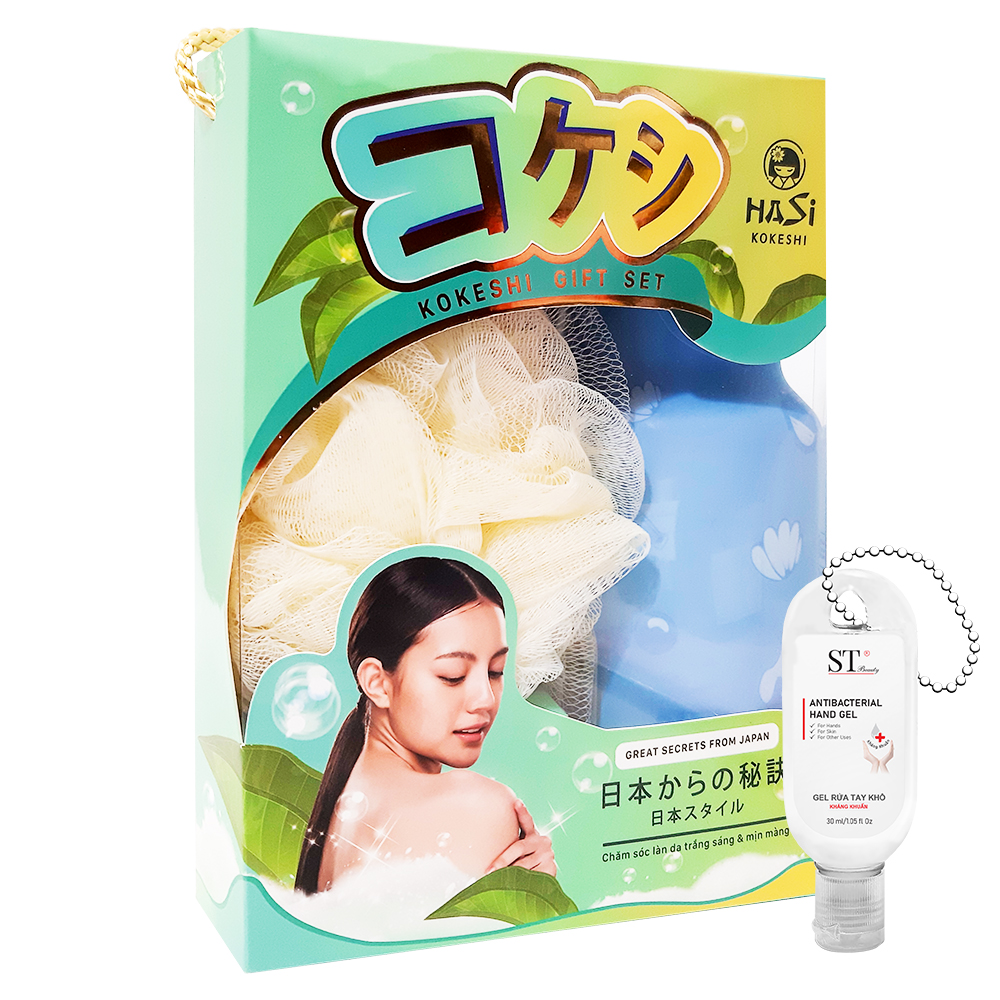 Hộp Sữa tắm Spa HASI KOKESHI Dưỡng Ẩm và Trắng Da 600ml Kèm Bông Tắm. Tặng Gel Móc Khóa 30ml