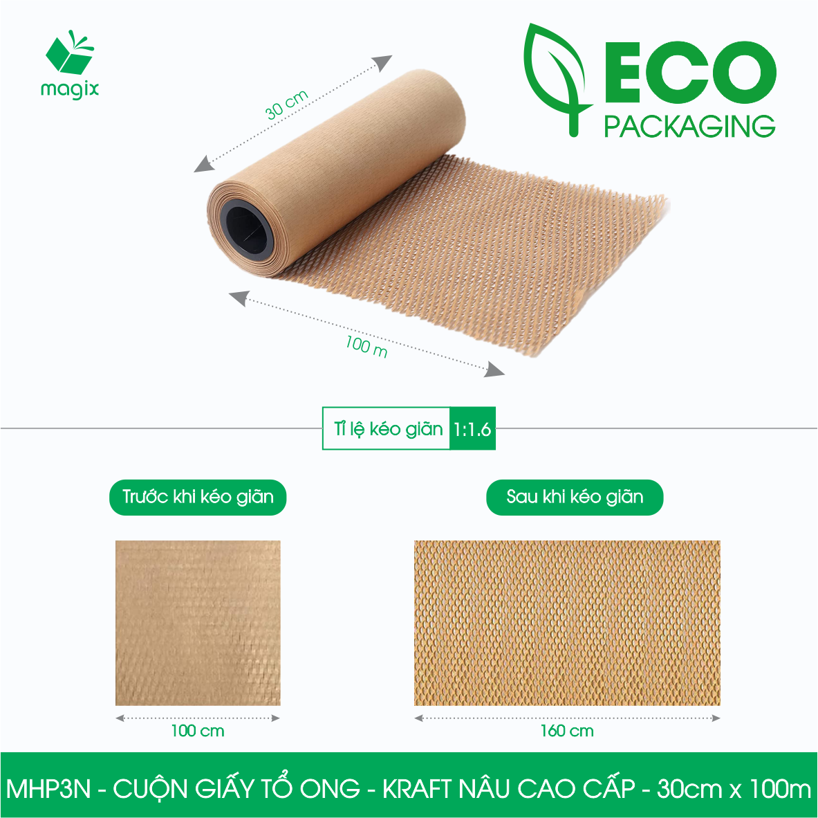 MHP3N - 30cm x 100m - Cuộn giấy tổ ong chống sốc - Kraft nâu Cao Cấp - Giấy gói hàng, gói quà