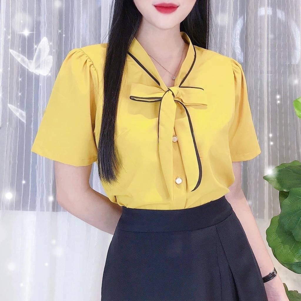 Áo sơ mi kiểu nữ PHỐI VIỀN NƠ CỔ tay ngắn thanh lịch và sang trọng