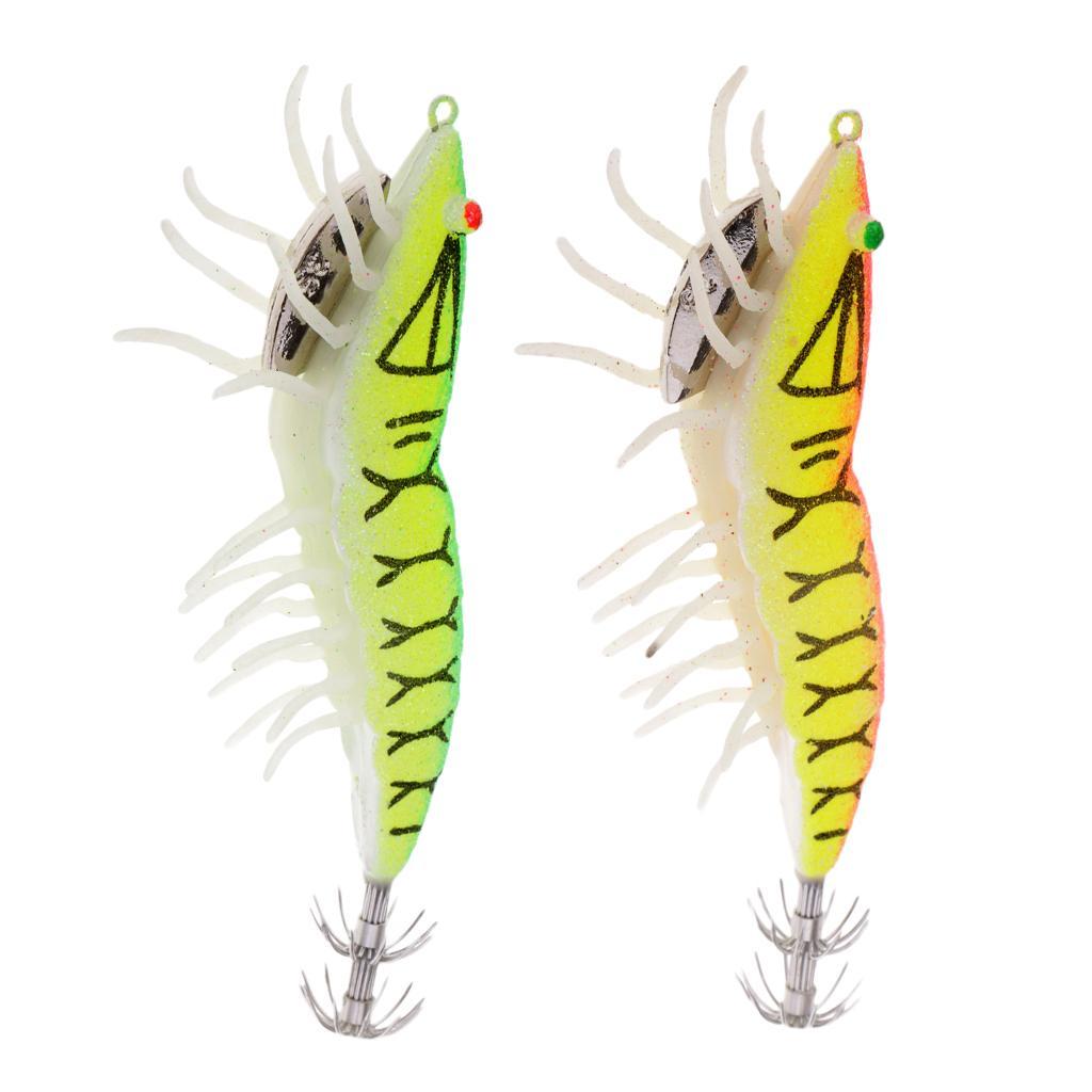 2pcs Glow In Dark Squid Lure Hooks Shrimp Fishing Lures W/ Luminous Soft Leg