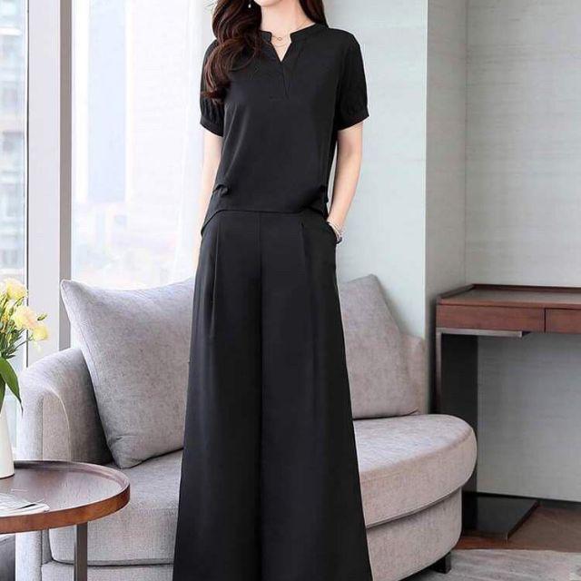 SÉT BỘ ÁO PHỐI NÚT SAU QUẦN ỐNG RỘNG