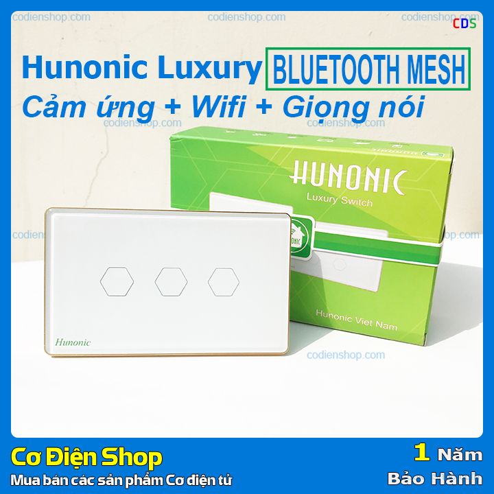 Công tắc CẢM ỨNG THÔNG MINH - Hunonic Luxury - 3 nút màu trắng - Công nghệ Bluetooth Mesh