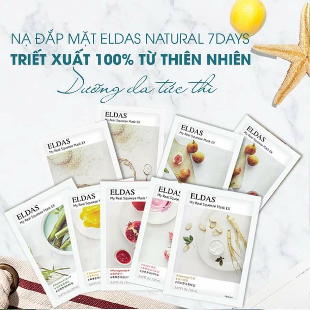 Mặt nạ Eldas Natural 7 Days dưỡng ẩm trắng da căn bóng bề mặt 30g/miếng