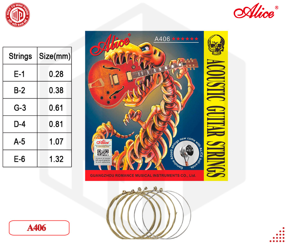 Bộ dây đàn Guitar Acoustic/ Acoustic Guitar Strings - Alice A406 - Stainless Steel Plain String, Copper Alloy Winding, Anti-Rust Coating - Hàng chính hãng