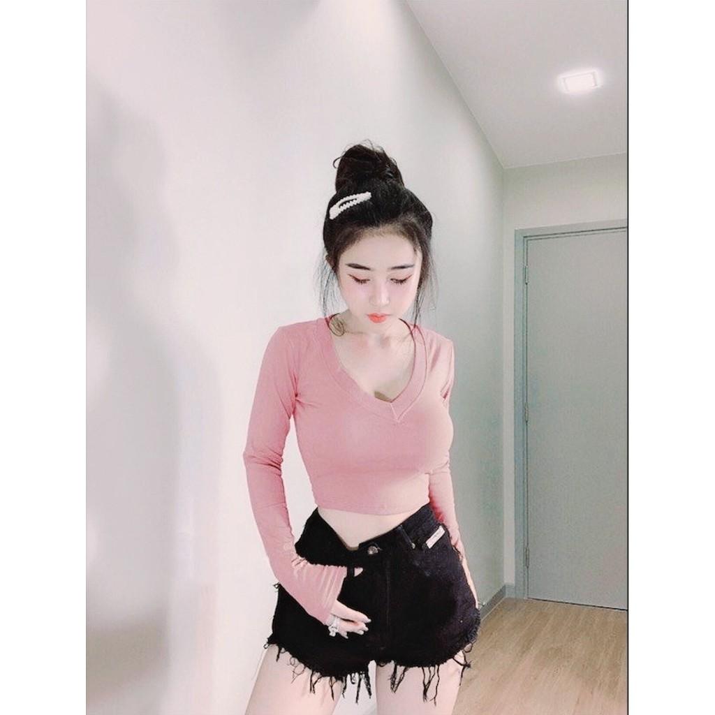 Áo croptop cổ tim ❤️ tay dài Basic JOY BABE thun xịn đường may tỉ mỉ Forever 21 ⚡ cổ chữ V áo kiểu hot girl CROD 2 -2E