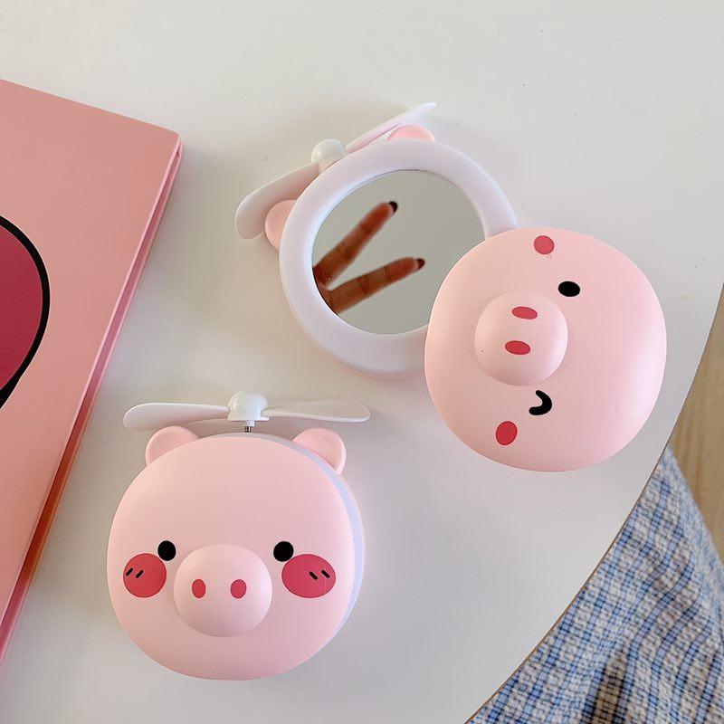 Quạt mini cầm tay - Quạt Hình Heo có gương và đèn led selfie, hình heo màu hồng siêu dễ thương