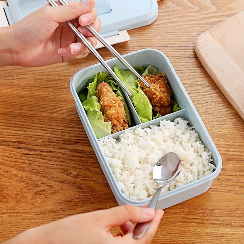 Hộp Đựng Cơm Lúa Mạch 3 Ngăn - TẶNG Kèm Thìa Đũa Inox