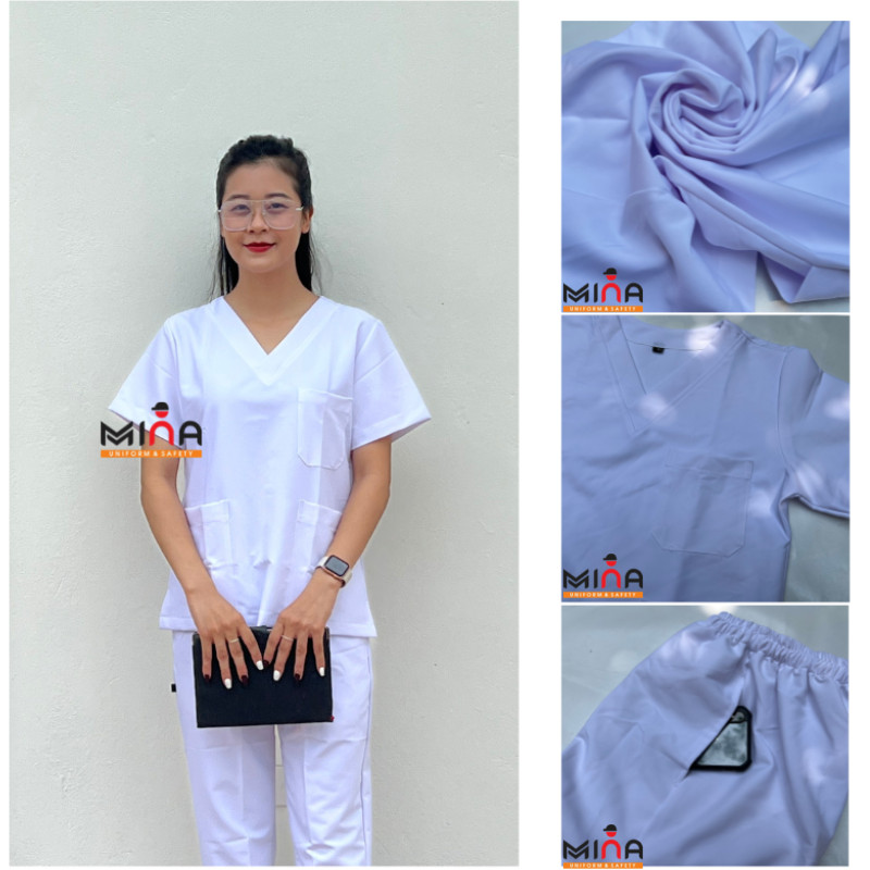 Bộ scrubs bác sĩ, quần áo y tế phẫu thuật - Màu trắng - Vải cotton co giãn