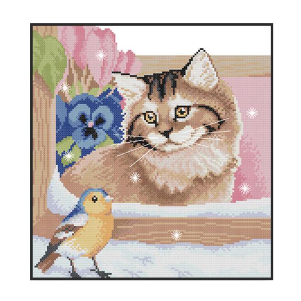Beginners Kids Floral Cat Bird Stamped Cross Stitch Kit Accurate Home Decor 11CT