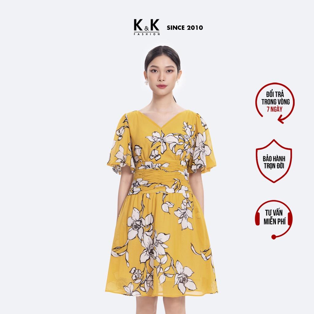 Đầm Xòe Màu Vàng Họa Tiết Hoa Nhấn Eo K&amp;K Fashion KK116-03 Chất Liệu Chilfon