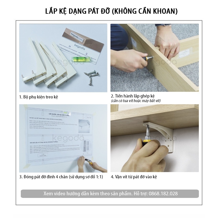 Kệ Gỗ Treo Tường 3 Tầng Dài 80cm Không Cần Khoan, Tặng Kèm Phụ Kiện Thuong Hiệu KEGODA KT61