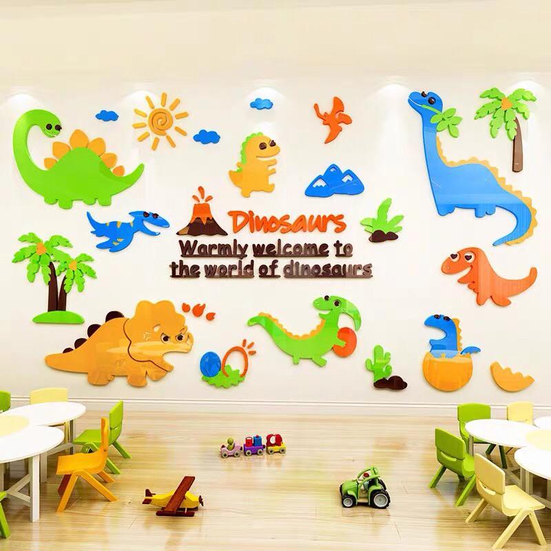 Decal dán tường mica 3D thế giới khủng long, các loại khủng long cho bé trai, tranh trang trí phòng bé cực yêu