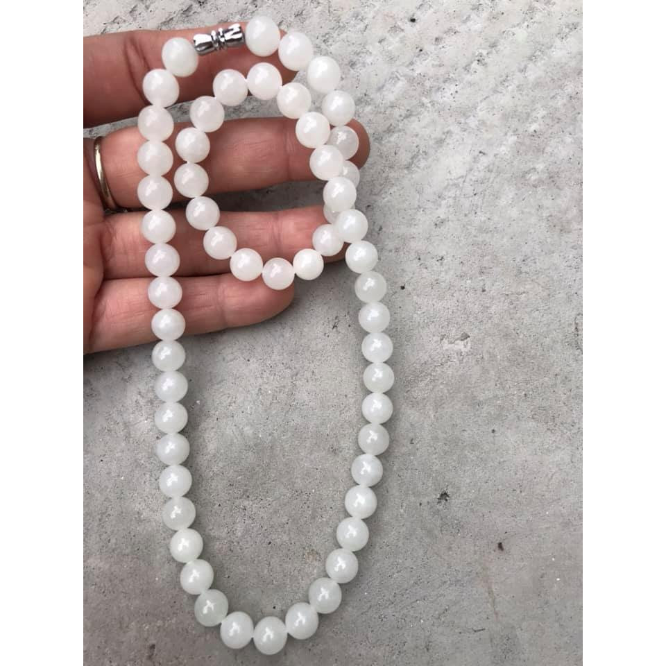 Vòng Chuỗi Đeo Cổ Đẹp Mới Đá Ngọc Hoà Điền Tự Nhiên Size 8mm Màu Trắng Ngọc Đẹp Nữ mệnh Kim mệnh Thủy ạ
