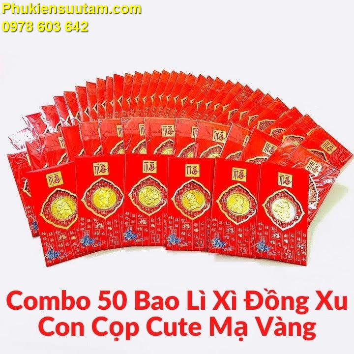 Combo 50 Bao Lì Xì Đồng Xu Con Cọp Cute Mạ Vàng, làm vật phong thủy, mang theo trong túi, làm quà biếu, tặng dịp Lễ Tết, tân gia, sinh nhật, kích thước 17x9x0.3cm, màu đỏ - TMT Collection - SP005487