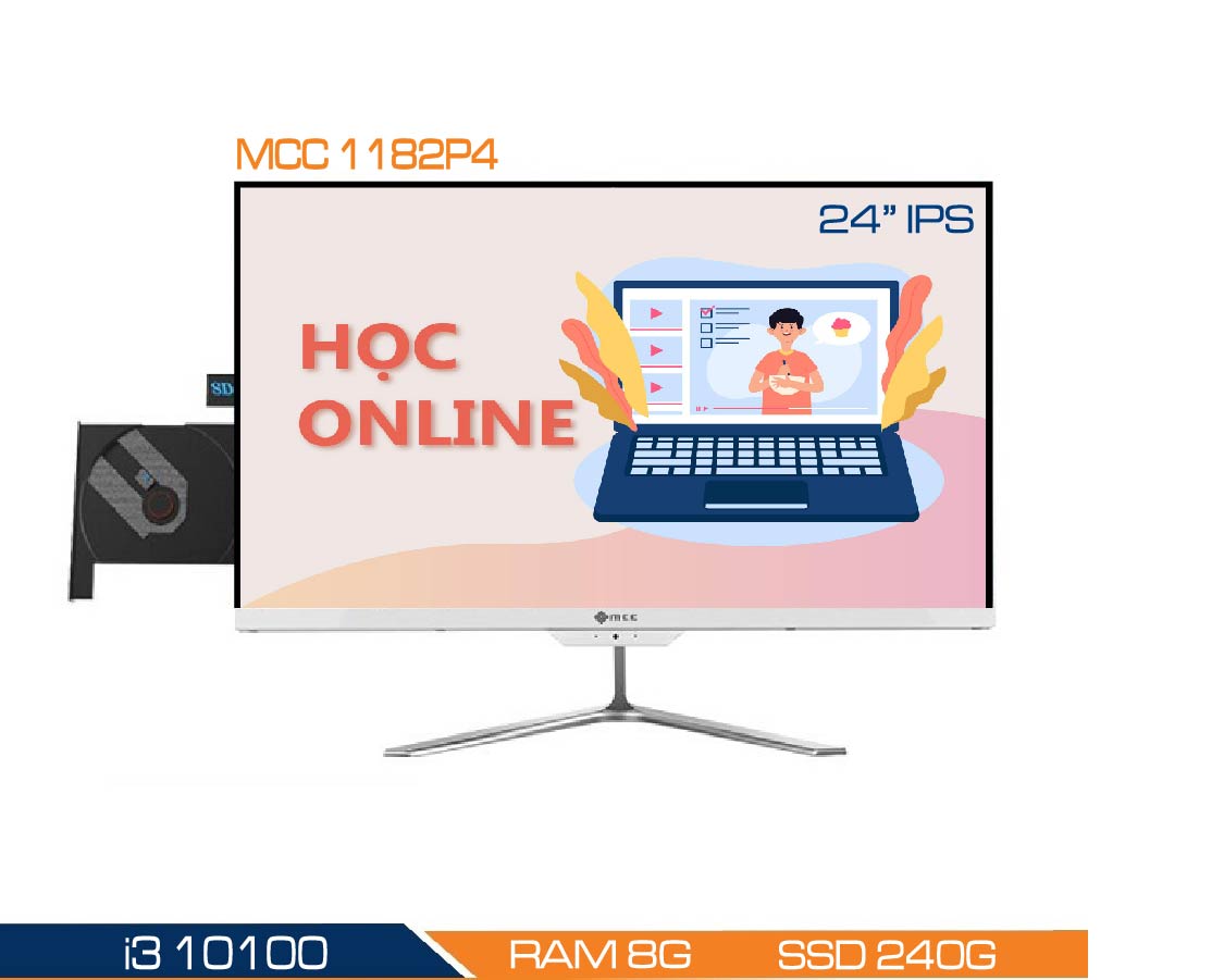 Bộ PC All In One MCC 1182P4 Home Office Computer CPU i3 10100/ DDR4 8G/ SSD240G/ DVD/ Wifi/ Camera/ IPS 24 inch[Chính hãng]