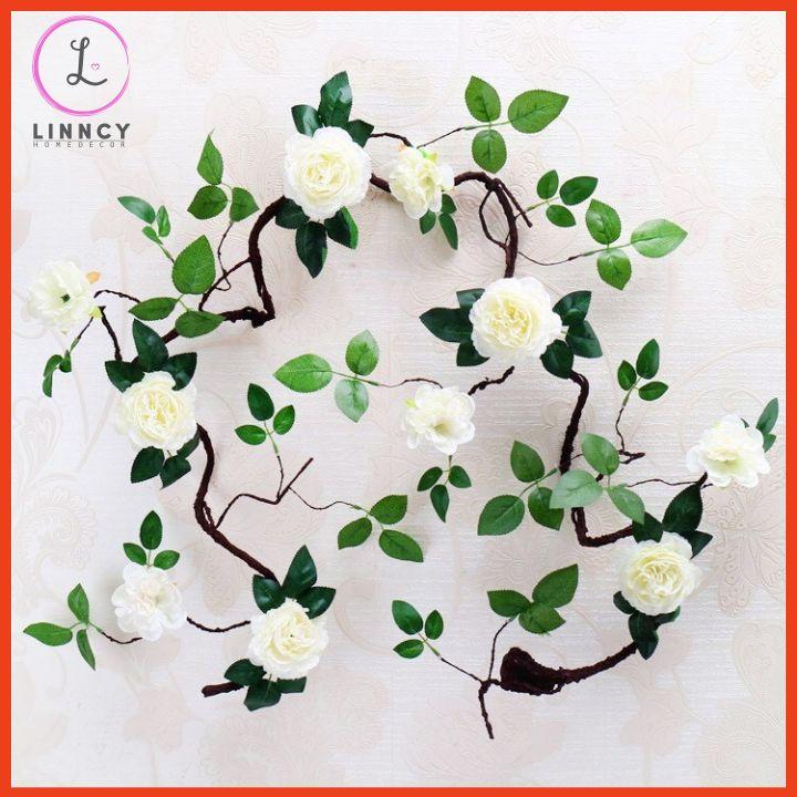Hoa giả, dây hoa hồng leo kim cương dài 3m cao cấp trang trí tường, ban công, xích đu, làm đạo cụ chụp ảnh