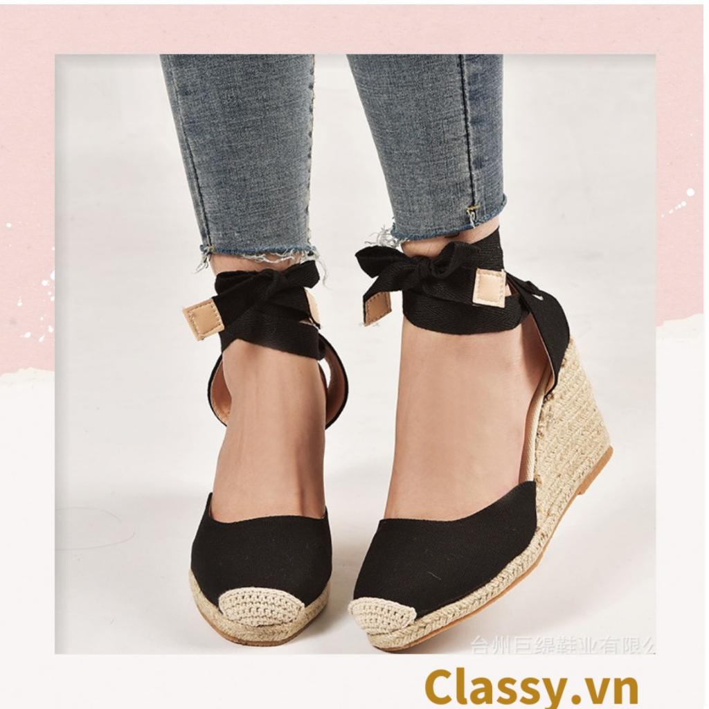 Giày cói Classy đế xuồng đế cói cao 8 CM buộc nơ, đi dạo phố, đi biển