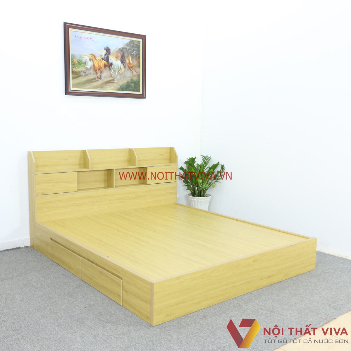Giường Ngủ Gỗ MDF Màu Vàng Có Hộc Kéo + Kệ Trang Trí Đẹp Hiện Đại