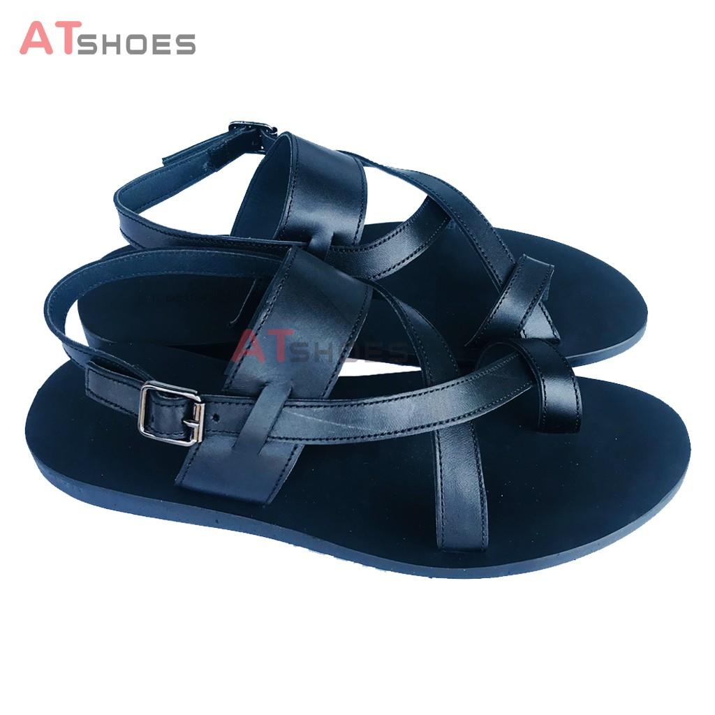 Dép Sandal Unisex cc Da Bò Thật Sandal xỏ ngón nam nữ chuẩn kiểu HQ Trẻ Trung - XDxn203(Đen- đế vàng)