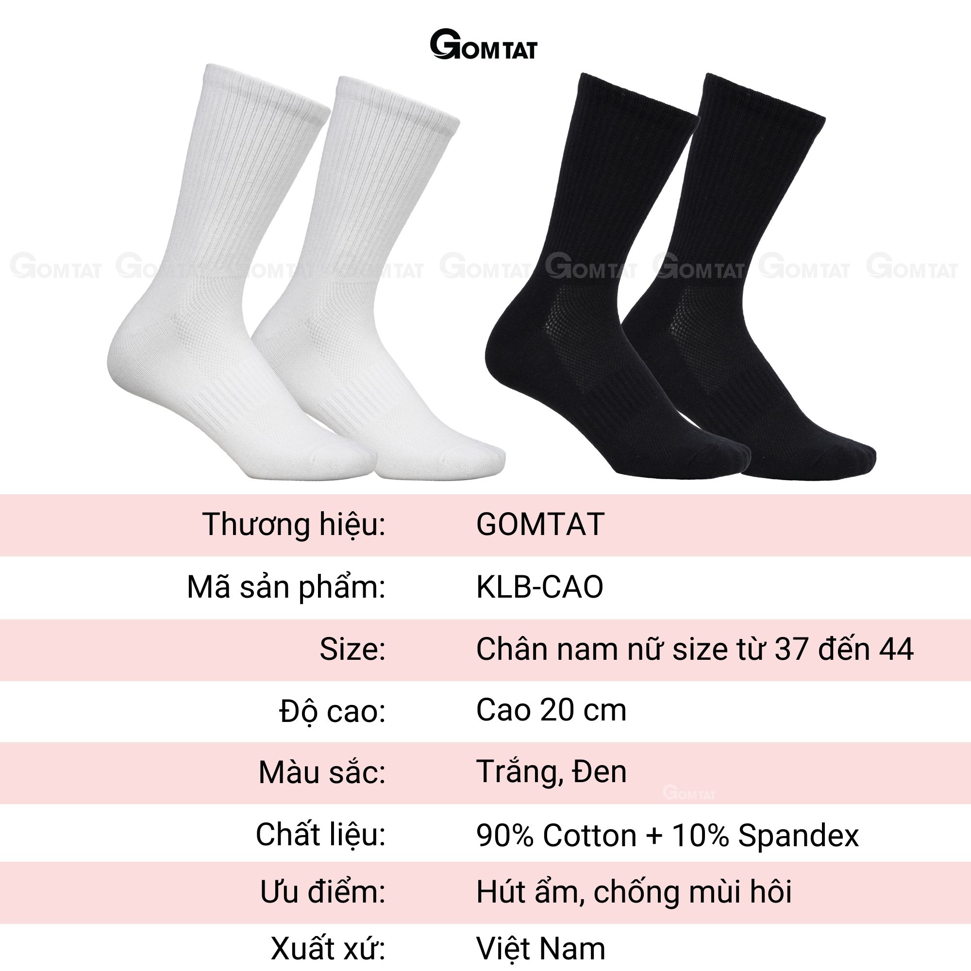 Hình ảnh Tất vớ nam nữ cổ cao trơn màu GOMTAT chất liệu cotton cao cấp, hút ẩm thoáng khí, mềm mại êm chân - KLB-TRONCAO-GANTAM