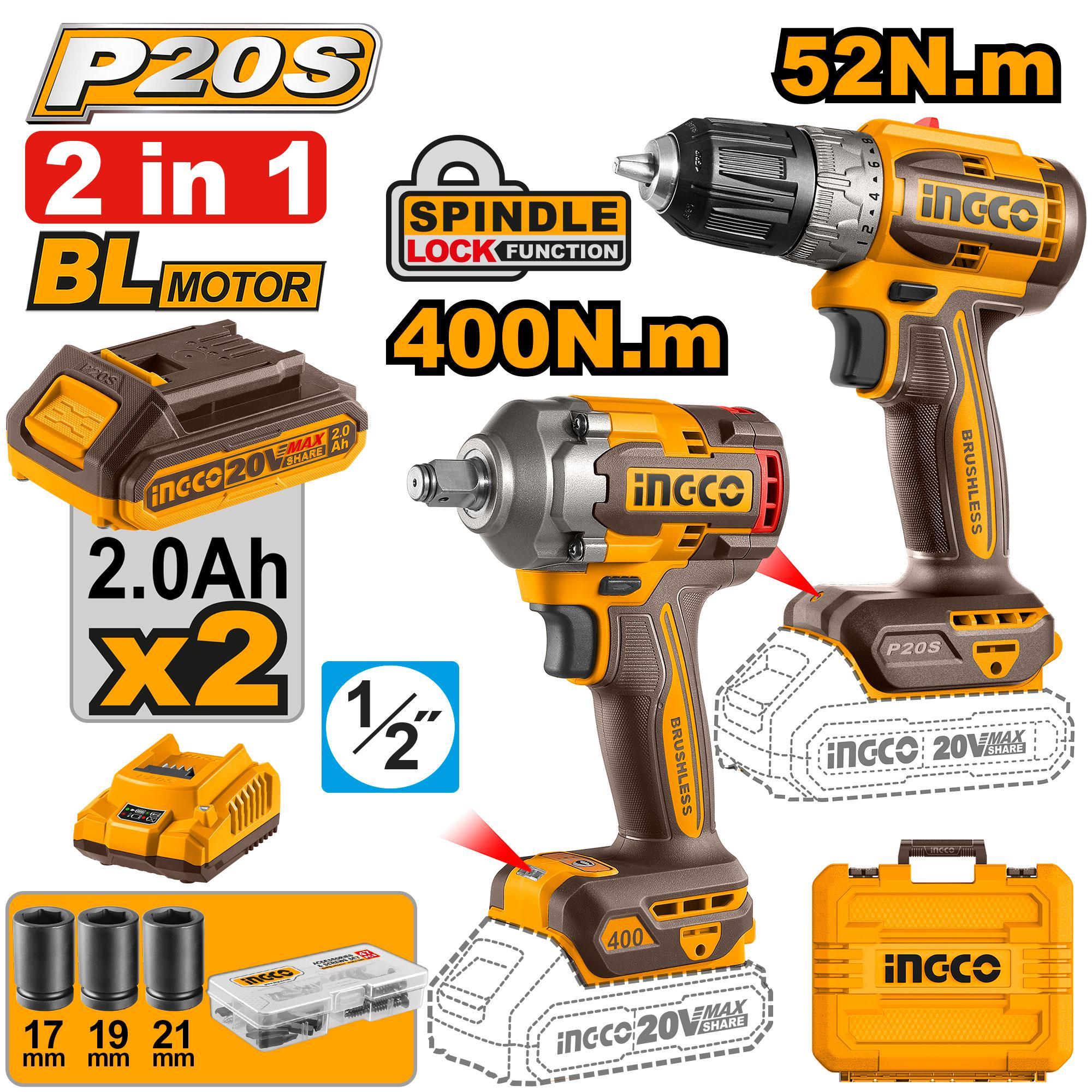 BỘ COMBO MÁY KHOAN &amp; MÁY SIẾT BU LÔNG DÙNG PIN 20V INGCO CKLI20271 - HÀNG CHÍNH HÃNG